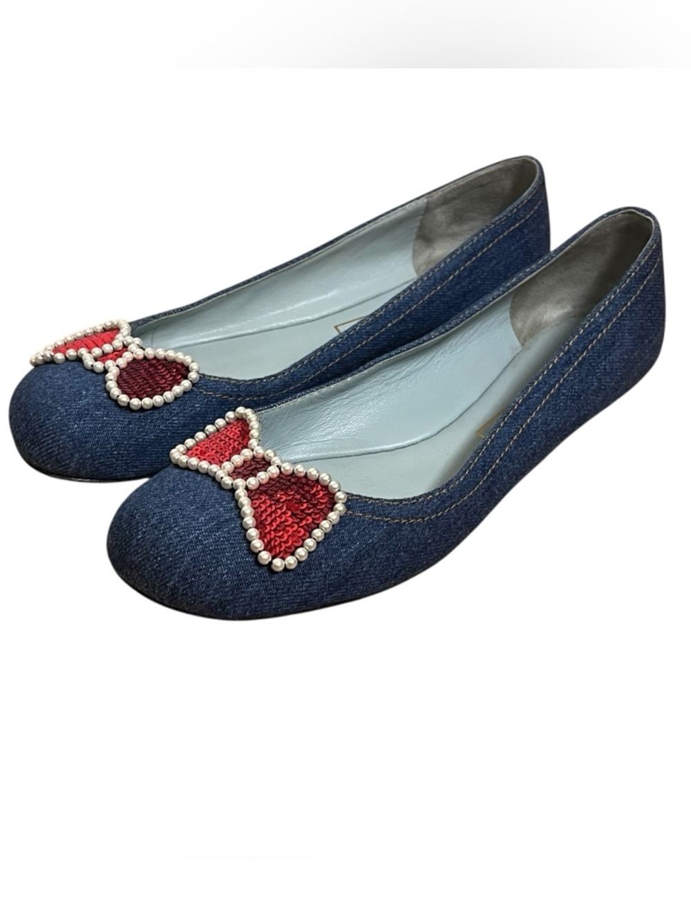Marc Jacobs Denim Ballet Flats Red Sequin Bow Pearl Y2K Coquette Size 37.5 - Picture 2 of 13